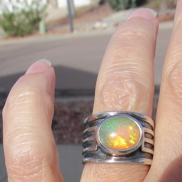 Beautiful Flashy Sterling Silver Large Opal Ring Wide Band Size 7 Fits 6.5-6.75 - Picture 14 of 16
